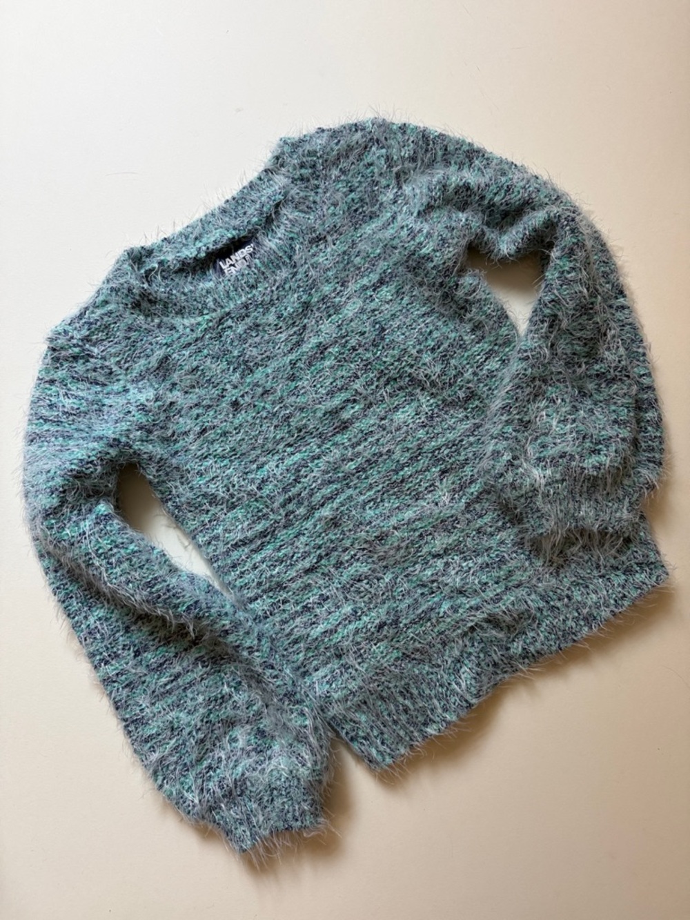 Lands' End Teal Marled Fuzzy Crewneck Sweater